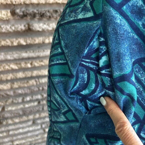 Kiyomi of Hawaii Iolani Vintage Hawaiian Blue Leaf Print Barkcloth Maxi Dress - Picture 6 of 9